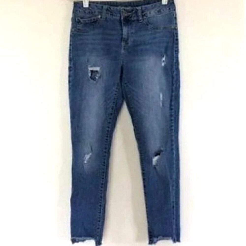 Maurices Distressed Mid-Rise Skinny Jeans with Frayed Hem Size M-R